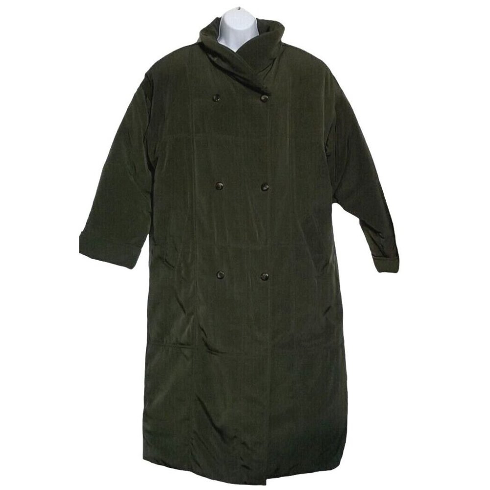 Vintage Gallery Coat Duck Down Long Green Quilted Double‎ Breasted Tag L Fits XL